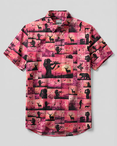 PINK HUNTRESS PATCHWORK BUTTON-DOWN COLLAR SHIRT - TYQY1008262