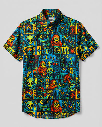 CRYPTID FRIENDS PATCHWORK BUTTON-DOWN COLLAR SHIRT - TYQY2309269