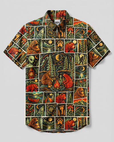 BIGFOOT ALIEN CAMPING PATCHWORK BUTTON-DOWN COLLAR SHIRT - TYQY2109265