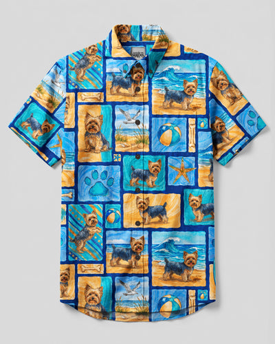 SURFER YORKSHIRE TERRIER DOG BEACH PATCHWORK BUTTON-DOWN COLLAR SHIRT - TYQY2208267