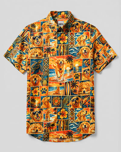 OCEAN GOLDEN RETRIEVER DOG PATCHWORK BUTTON-DOWN COLLAR SHIRT - TYQY3009261