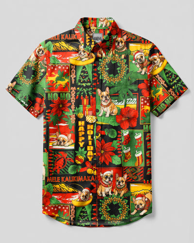 TROPICAL FRENCHIE CHRISTMAS PATCHWORK DOG BUTTON-DOWN COLLAR SHIRT - TYQY1808262