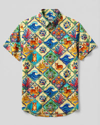 CORGI OCEAN BREEZE TILE DOG PATCHWORK BUTTON-DOWN COLLAR SHIRT - TYQY2408261
