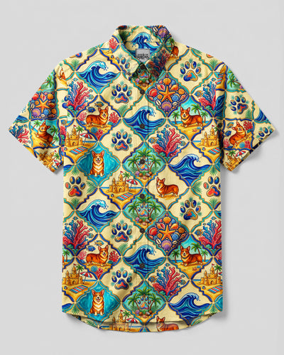 CORGI OCEAN BREEZE TILE DOG PATCHWORK BUTTON-DOWN COLLAR SHIRT - TYQY2408261