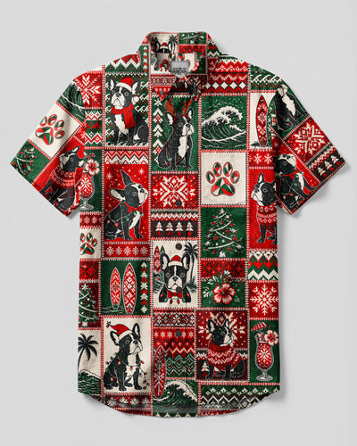 FRENCH BULLDOG TROPICAL BEACH CHRISTMAS PATCHWORK BUTTON-DOWN COLLAR SHIRT - TYQY1908265