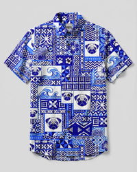 BLUE OCEANIC PUG DOG TRIBAL PATCHWORK BUTTON-DOWN COLLAR SHIRT - TYQY2208264