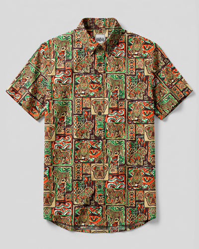 TRIBAL BULLDOG PAW PATCHWORK BUTTON-DOWN COLLAR SHIRT - TYQY1709269