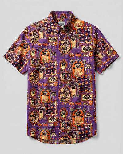 SPOOKY PURPLE PUG DOG HALLOWEEN PATCHWORK BUTTON-DOWN COLLAR SHIRT - TYQY0409262