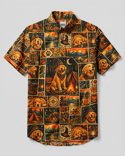 HALLOWEEN WITCHY GOLDEN RETRIEVER DOG PATCHWORK BUTTON-DOWN COLLAR SHIRT - TYQY18092610