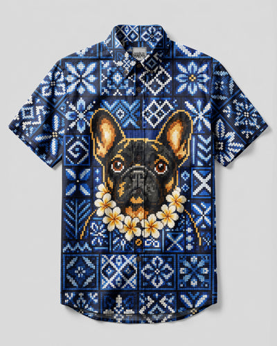 8BIT BLUE GEOMETRIC FRENCH BULLDOG BUTTON-DOWN COLLAR SHIRT - RITD1908262