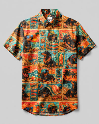 CHEERFUL DACHSHUND DOG SUNSET PATCHWORK BUTTON-DOWN COLLAR SHIRT - TLNT2707261
