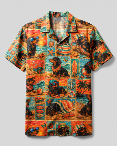 CHEERFUL DACHSHUND DOG SUNSET PATCHWORK CAMP SHIRT - TLNT2707262