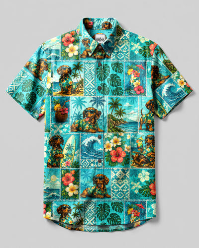DACHSHUND ALOHA PARADISE PATCHWORK DOG BUTTON-DOWN COLLAR SHIRT   - TLNT2207262