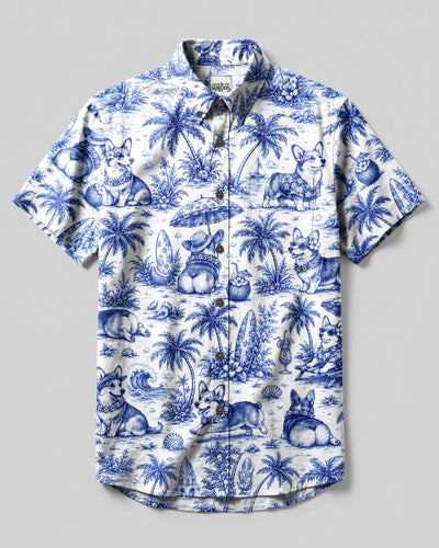 TROPICAL CORGI DOG TOILE PRINT BUTTON-DOWN COLLAR SHIRT - TLNT2807262