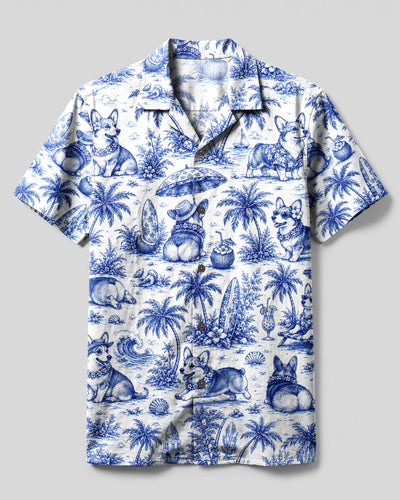 TROPICAL CORGI DOG TOILE PRINT CAMP SHIRT - TLNT2807263