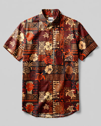 TROPICAL TRIBAL SEA TURTLE PATCHWORK BUTTON-DOWN COLLAR SHIRT - TLNT2107262