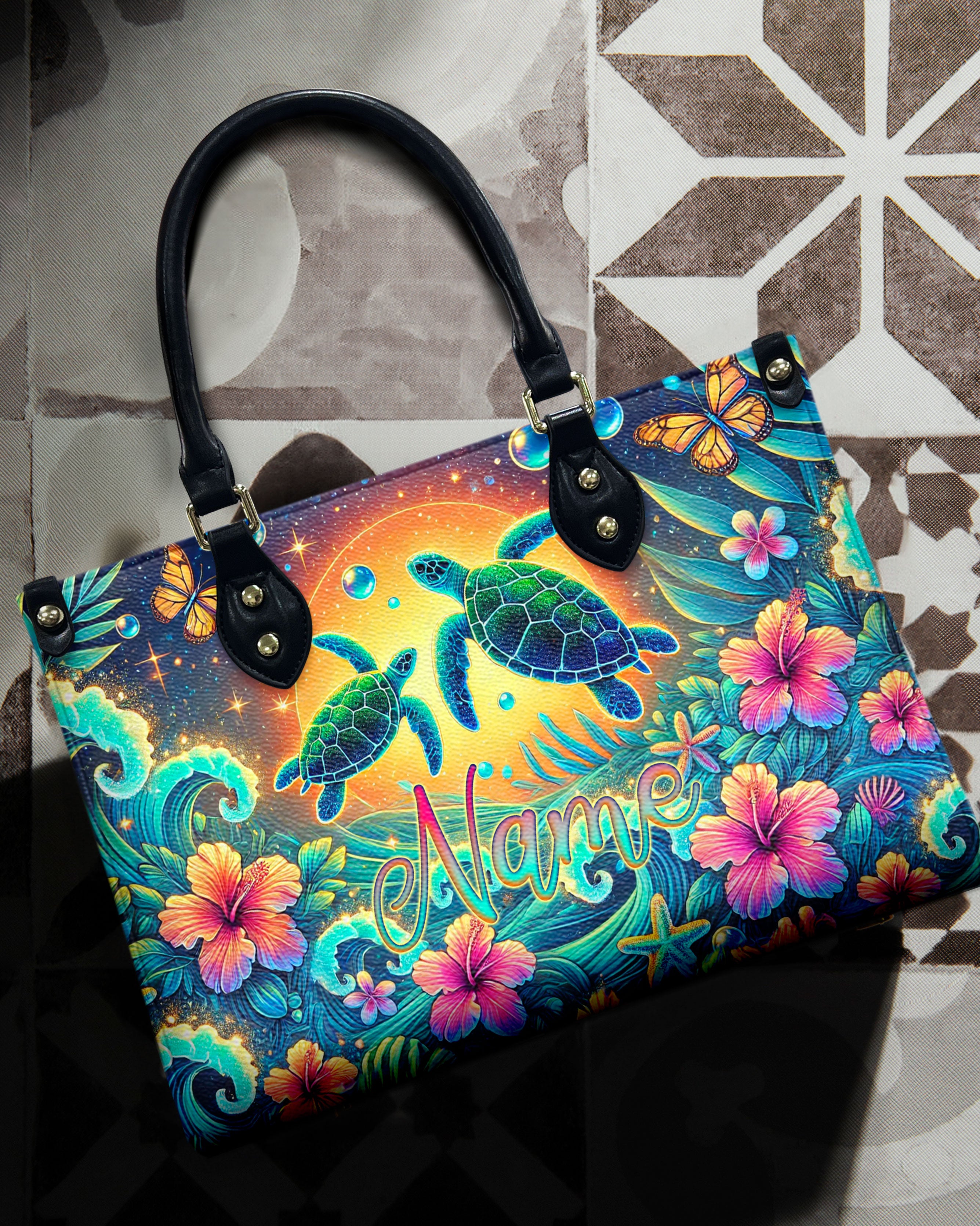 SEA TURTLE FLOWER LEATHER HANDBAG - TLNZ1907244