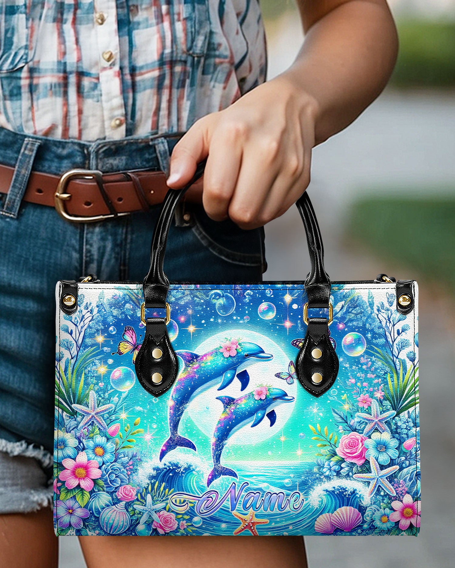 DOLPHIN MOON FLORAL LEATHER HANDBAG - TLNZ0507244