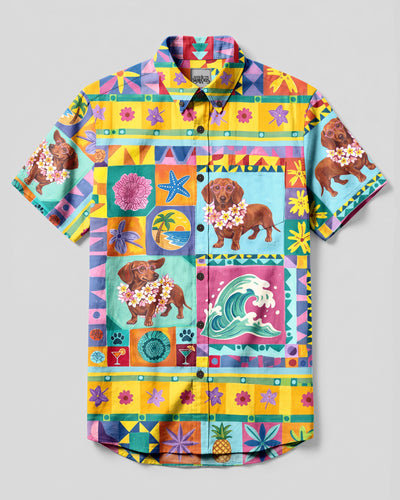 PLUMERIA DACHSHUND TROPICAL BUTTON-DOWN COLLAR SHIRT – RI0308261