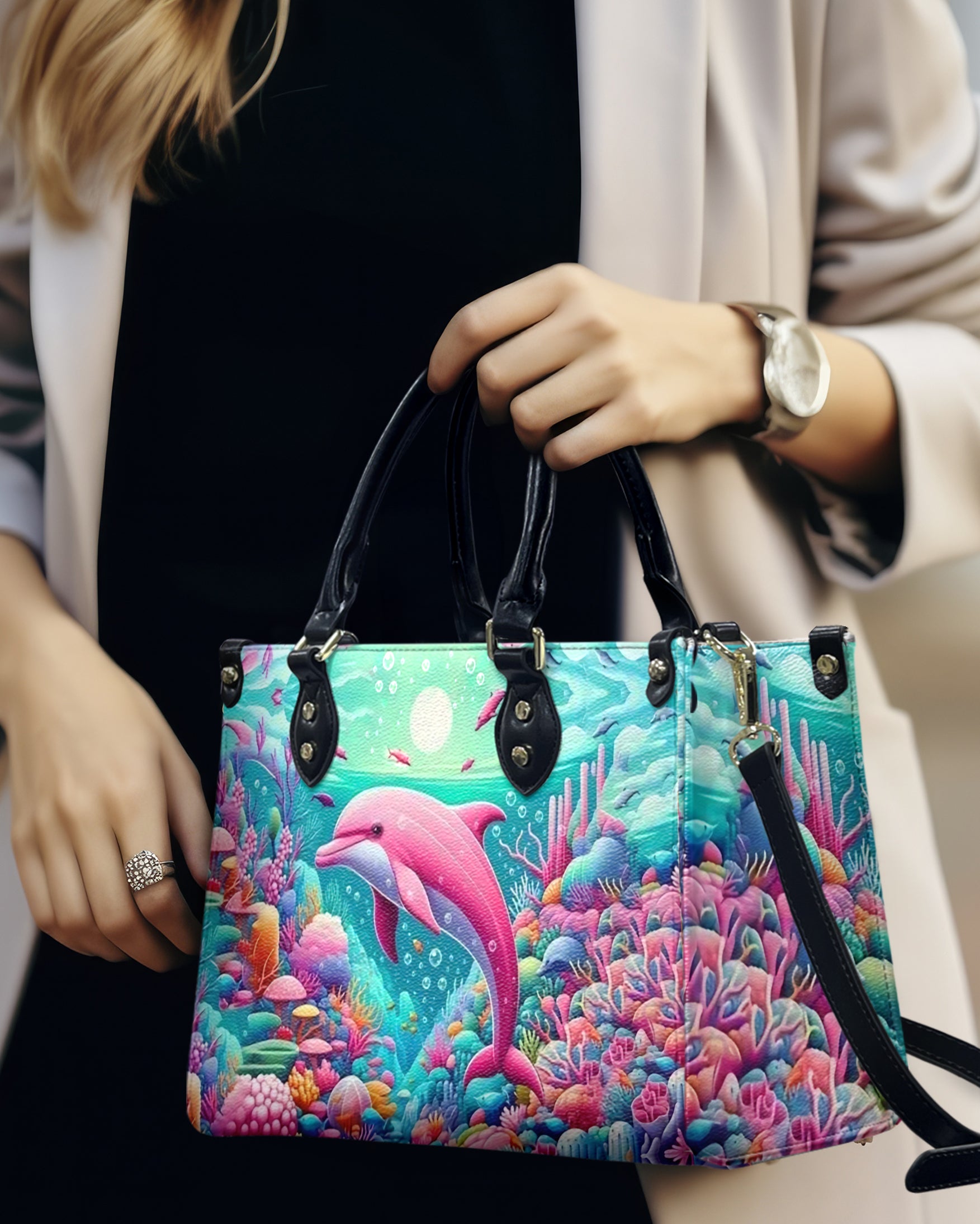 DOLPHIN IN THE OCEAN LEATHER HANDBAG - YHHG0407244