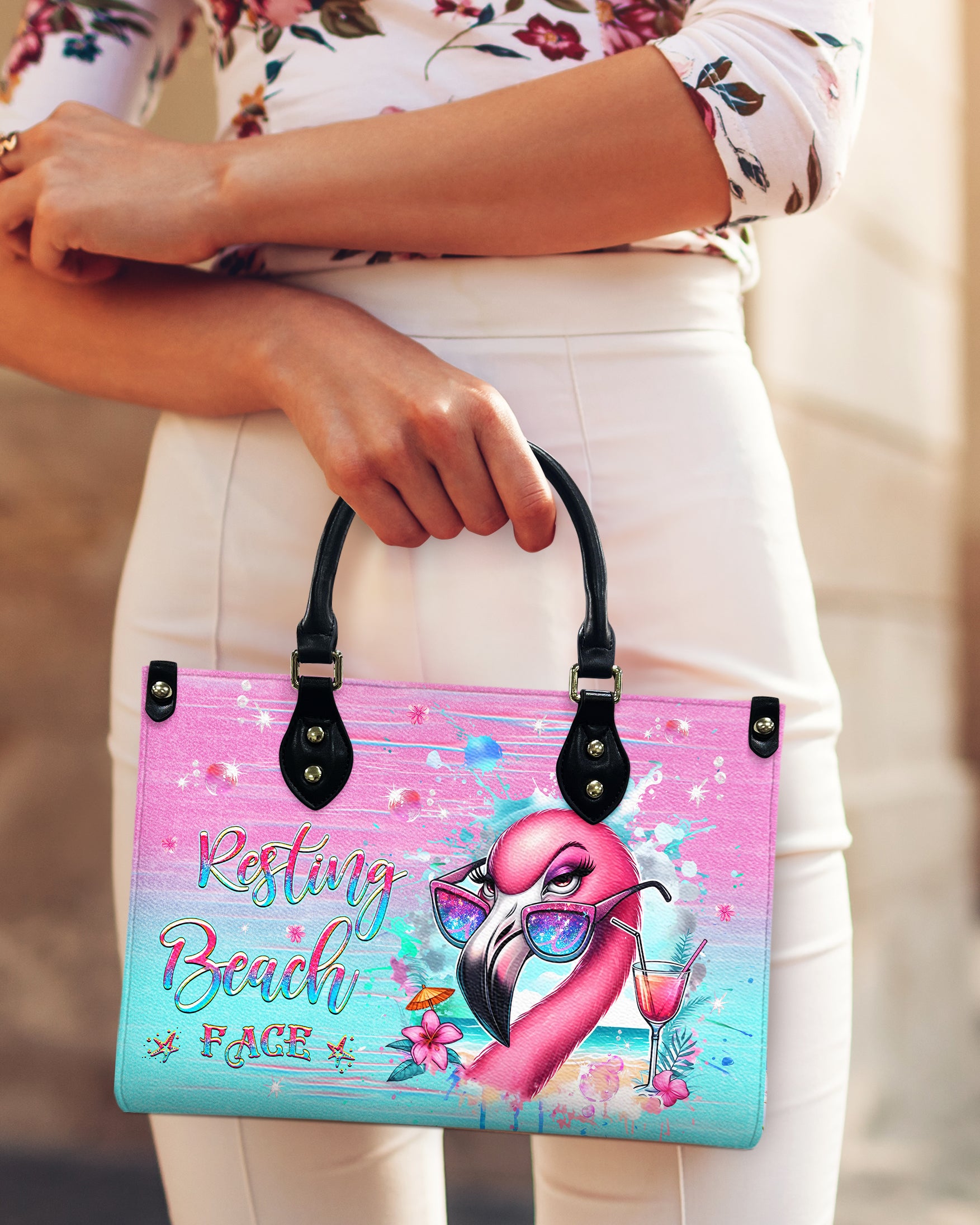 RESTING BEACH FACE FLAMINGO LEATHER HANDBAG - YHHG0312244