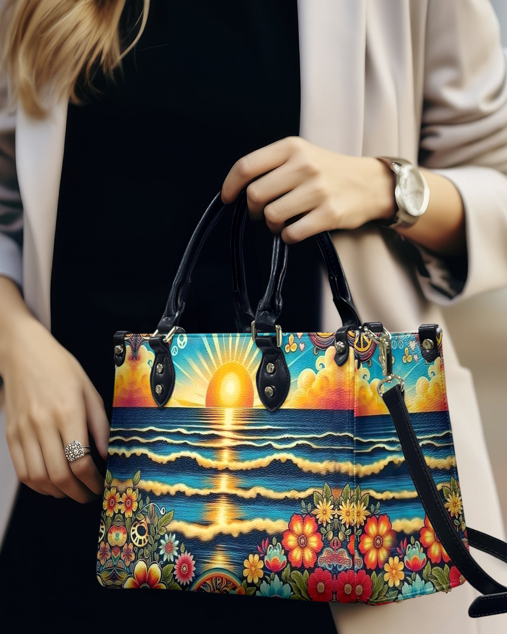 PAINTING SEA SUNSET LEATHER HANDBAG - YHHG0912244