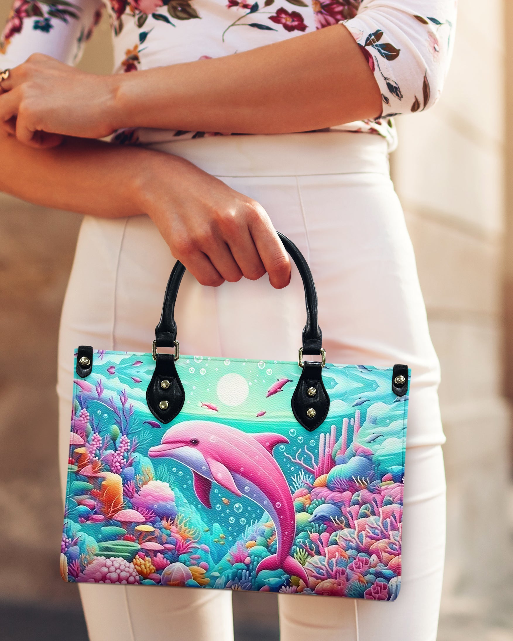 DOLPHIN IN THE OCEAN LEATHER HANDBAG - YHHG0407244