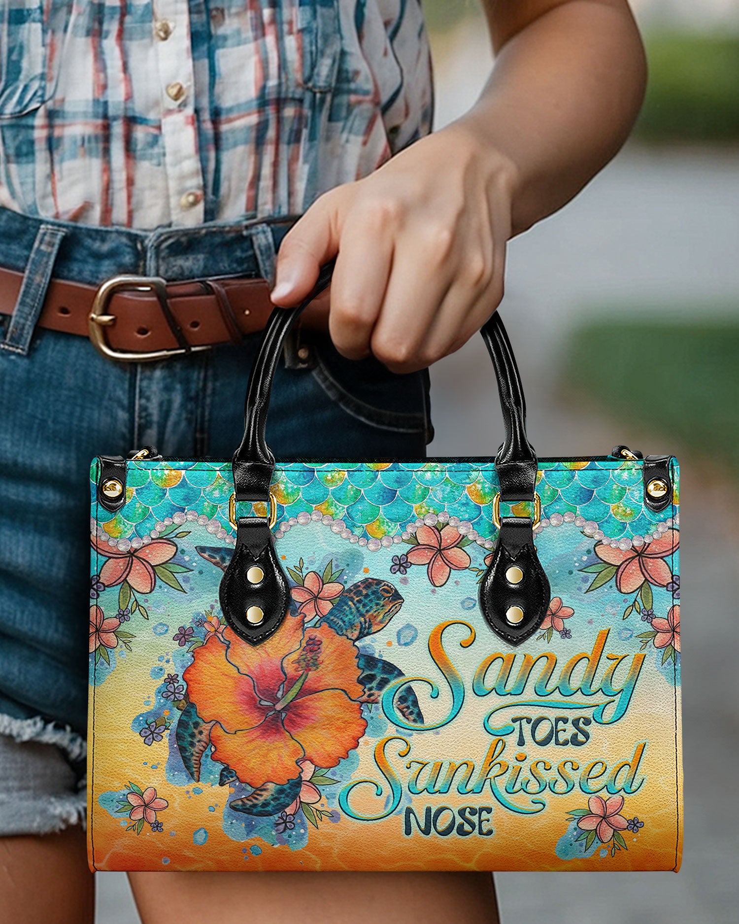 SANDY TOES SUNKISSED NOSE TURTLE HIBISCUS LEATHER HANDBAG - TLTW3003242