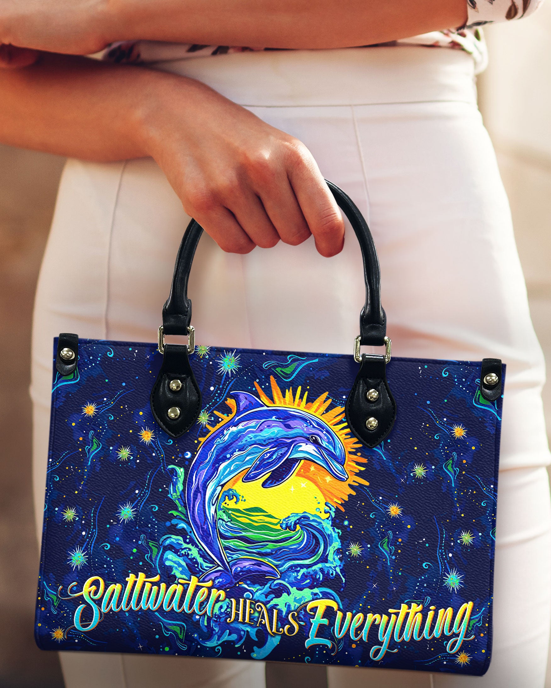 SALTWATER HEALS EVERYTHING DOLPHIN  LEATHER HANDBAG - TLTW2612243