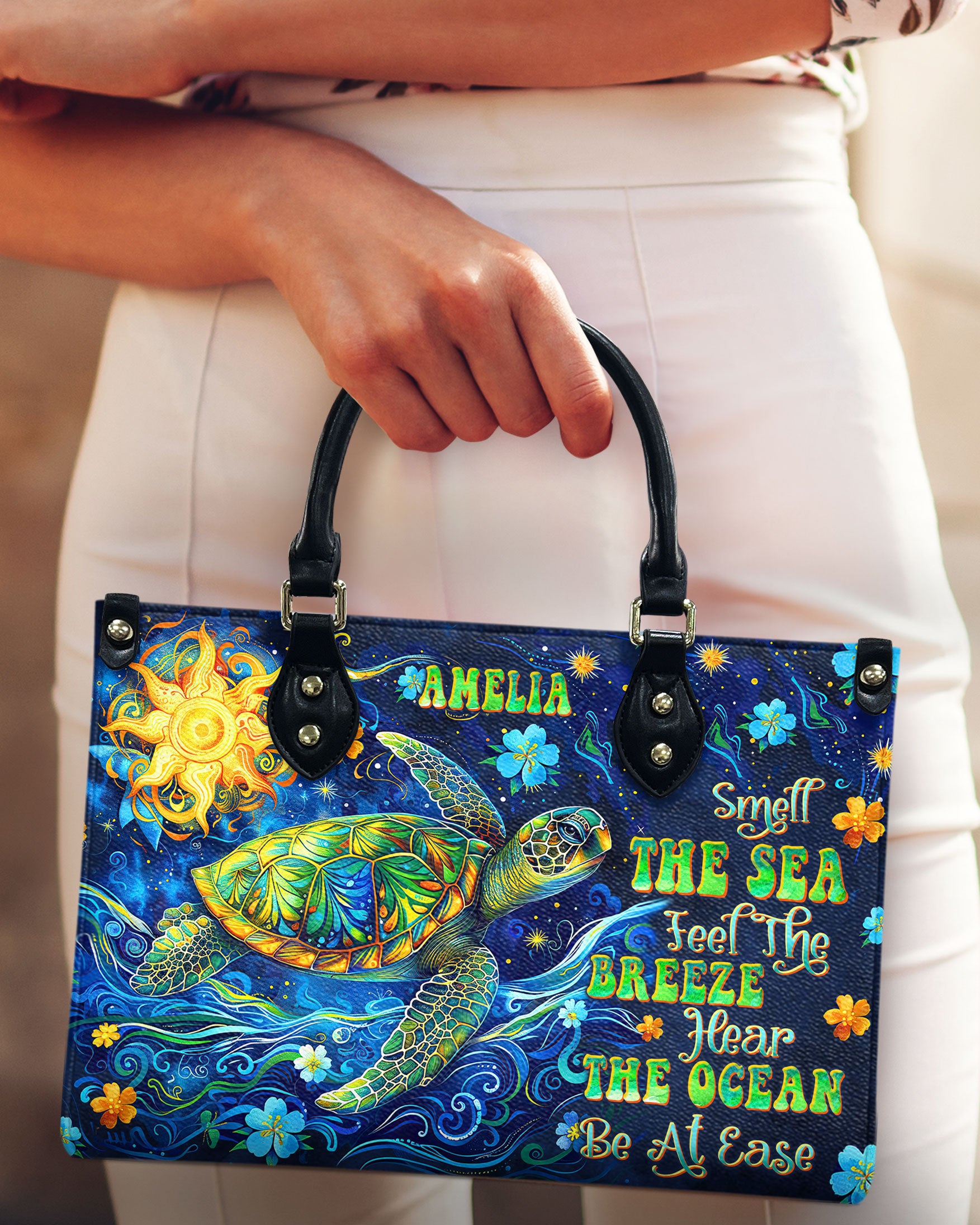 SMELL THE SEA FEEL THE BREEZE TURTLE  LEATHER HANDBAG - TLTW2712243