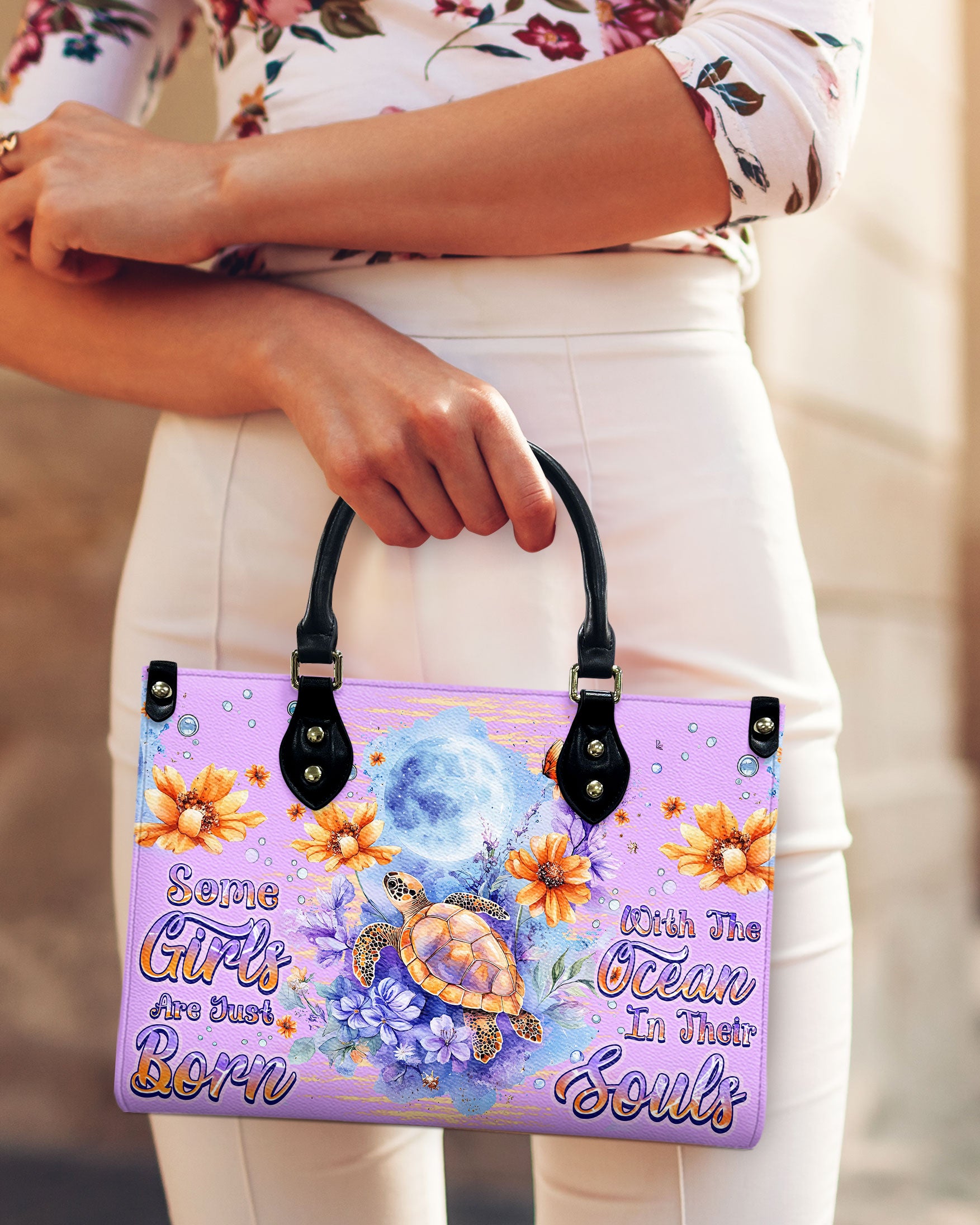 SOME GIRLS ARE JUST BORN TURLTE WATERCOLOR LEATHER HANDBAG - TLNZ1110245