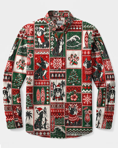 FRENCH BULLDOG TROPICAL BEACH CHRISTMAS PATCHWORK LONG SLEEVE BUTTON-DOWN SHIRT - TYQY1908267
