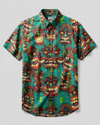 TIKI HEAD PATTERN BUTTON-DOWN COLLAR  SHIRT  - TLTW0107263