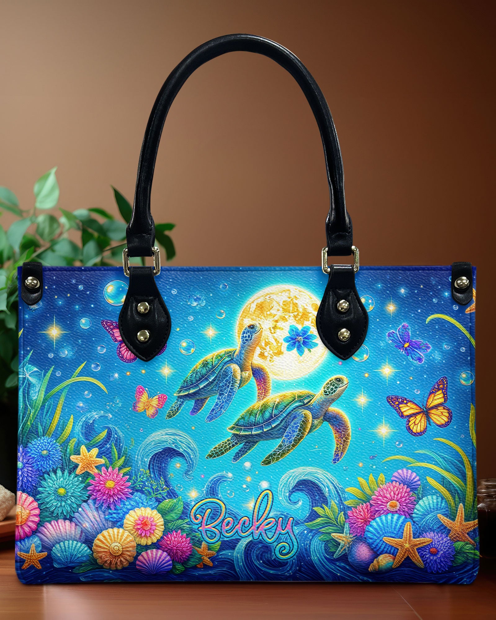 SEA TURTLE FLORAL LEATHER HANDBAG - TLTR2406244