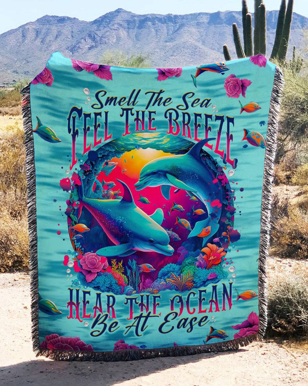 SMELL THE SEA FEEL THE BREEZE DOLPHIN WOVEN AND FLEECE BLANKET TLNT0