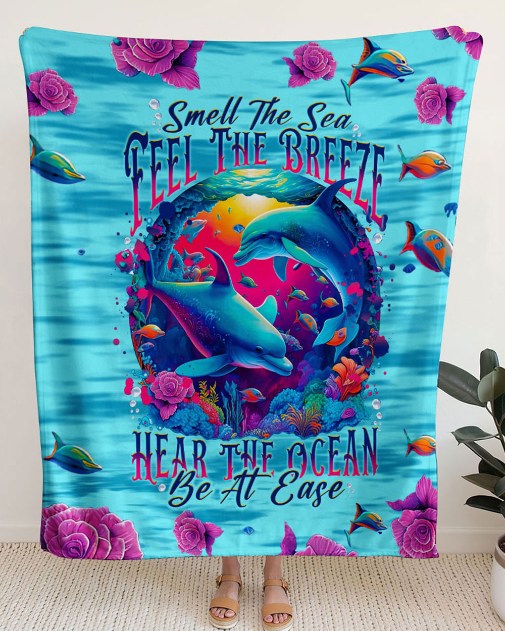SMELL THE SEA FEEL THE BREEZE DOLPHIN WOVEN AND FLEECE BLANKET - TLNT0809234