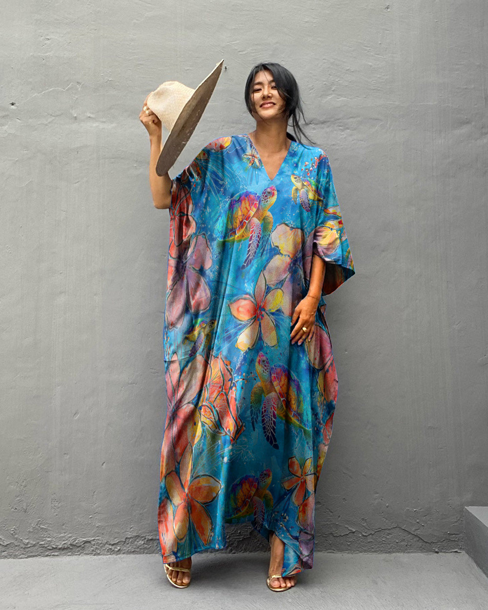 TURTLE HIBISCUS WATERCOLOR KAFTAN DRESS - TLTW2108237