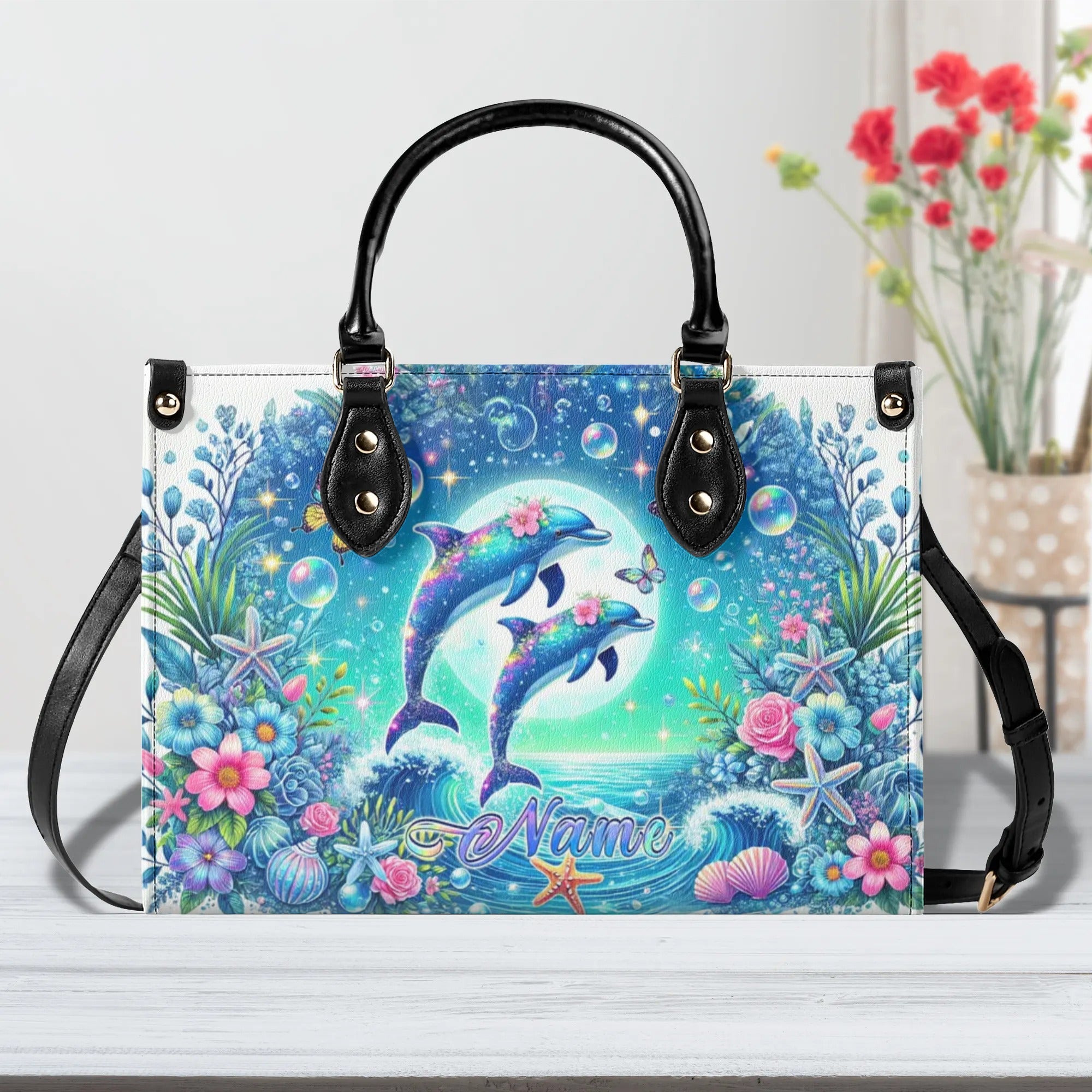 DOLPHIN MOON FLORAL LEATHER HANDBAG - TLNZ0507244