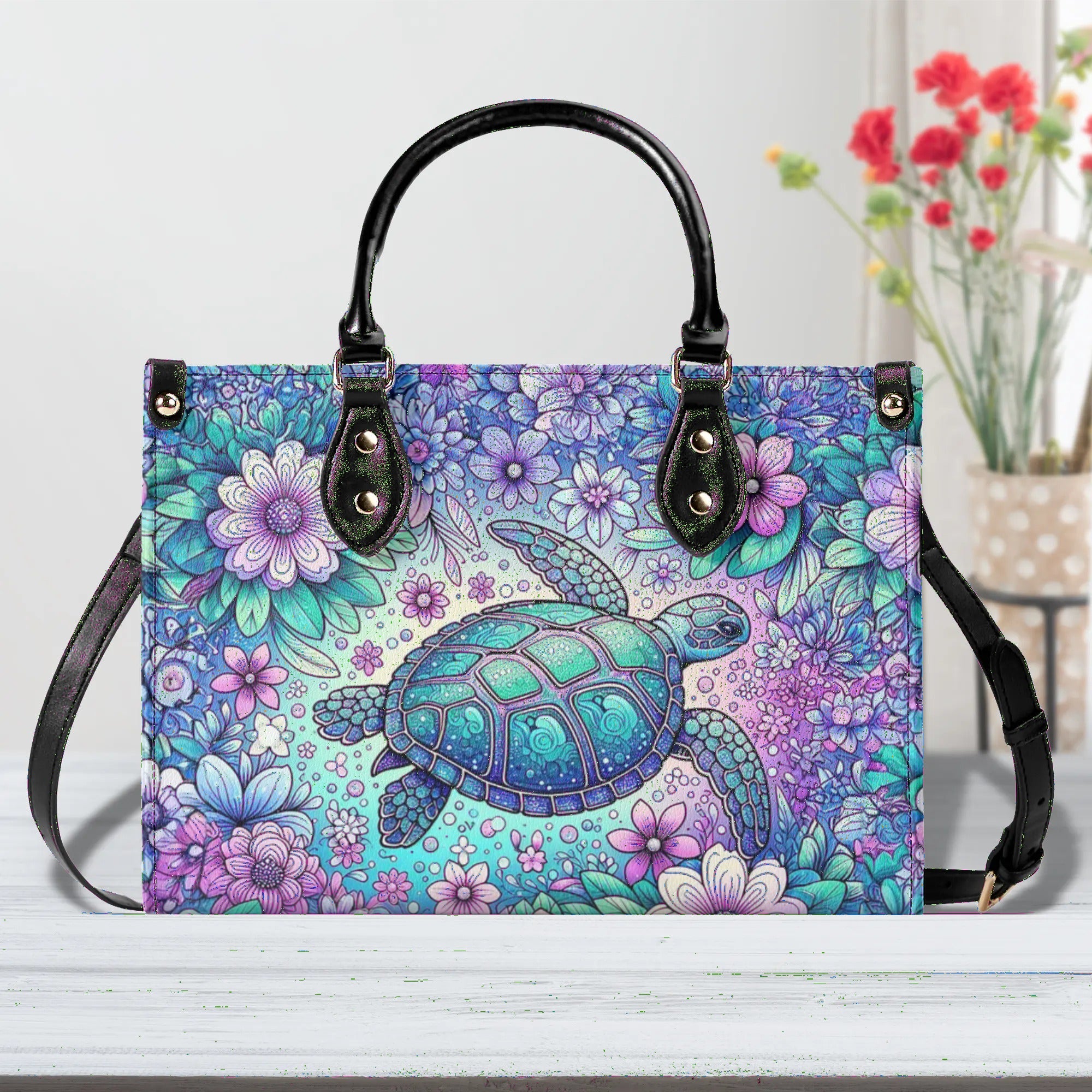 SEA TURTLE FLORAL LEATHER HANDBAG - TLNT1206245