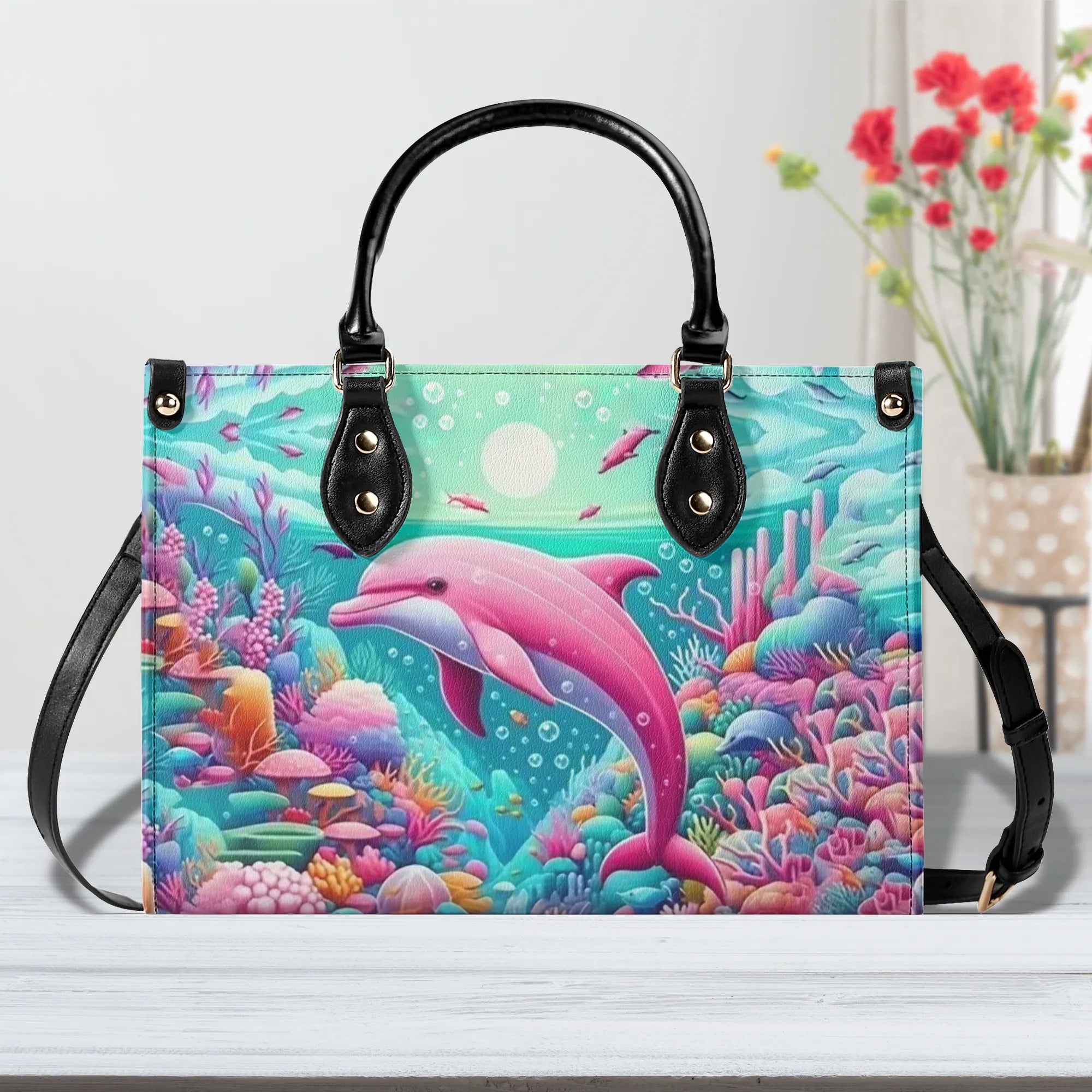 DOLPHIN IN THE OCEAN LEATHER HANDBAG - YHHG0407244