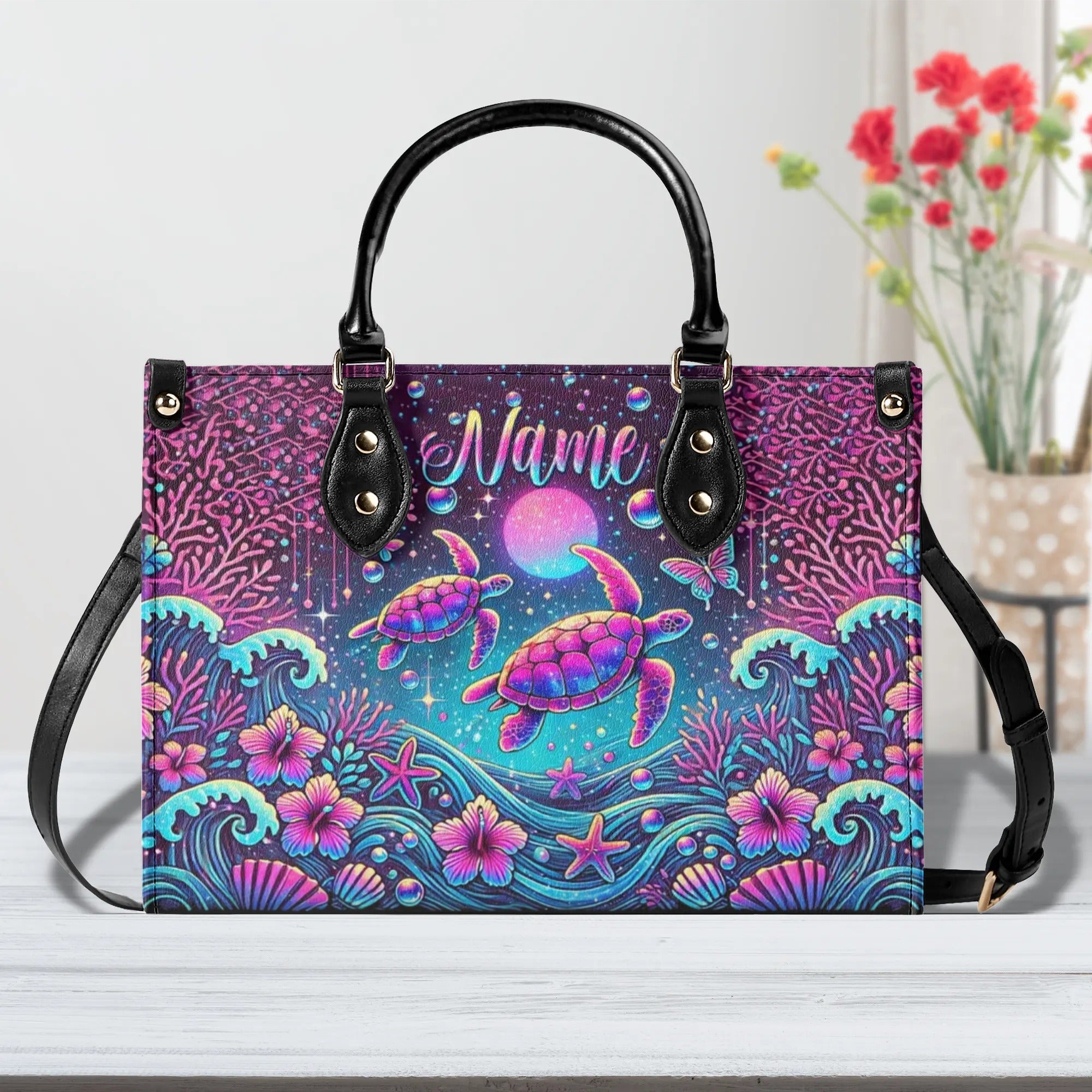 SEA TURTLE UNDER MOON LEATHER HANDBAG - TLPQ2307242