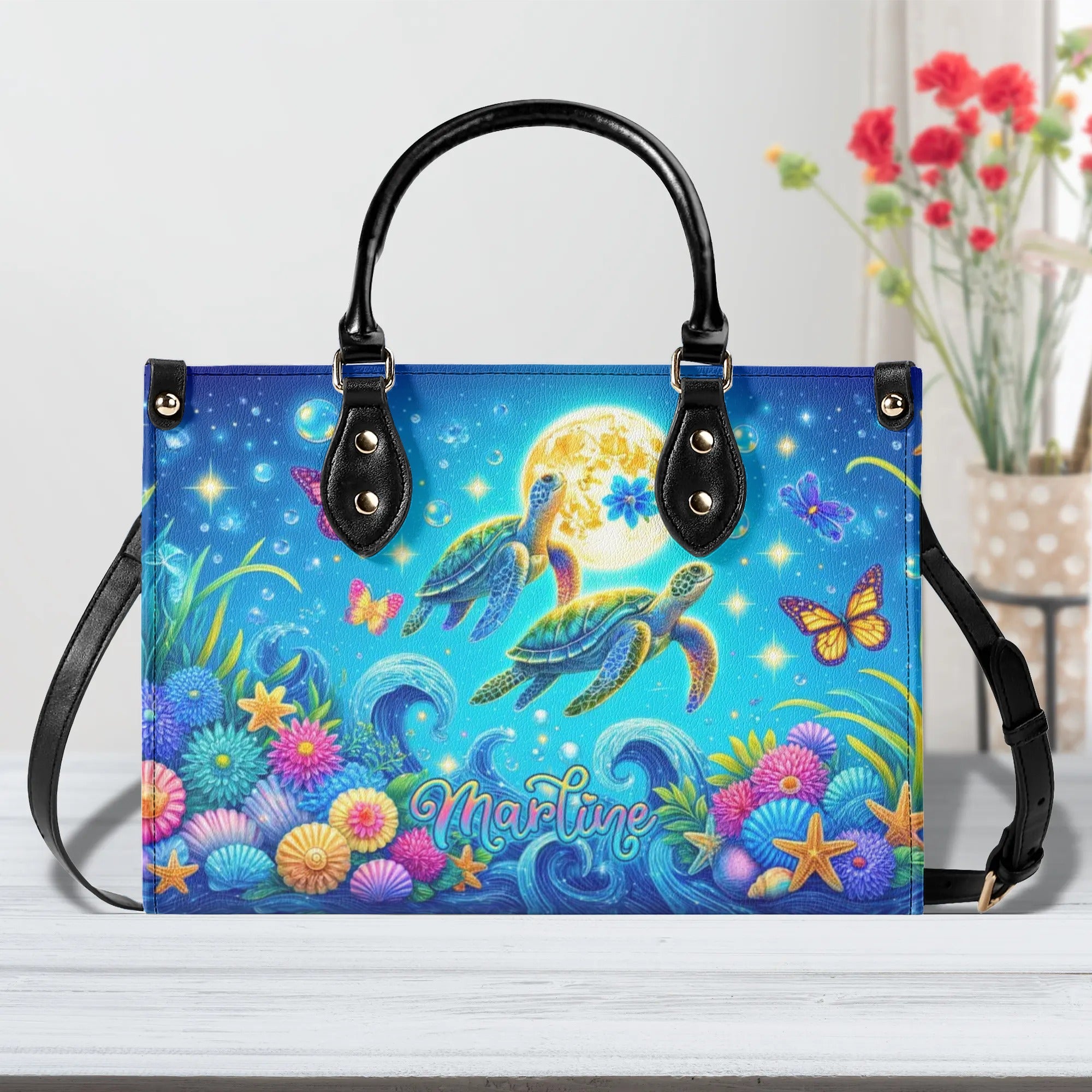 SEA TURTLE FLORAL LEATHER HANDBAG - TLTR2406244