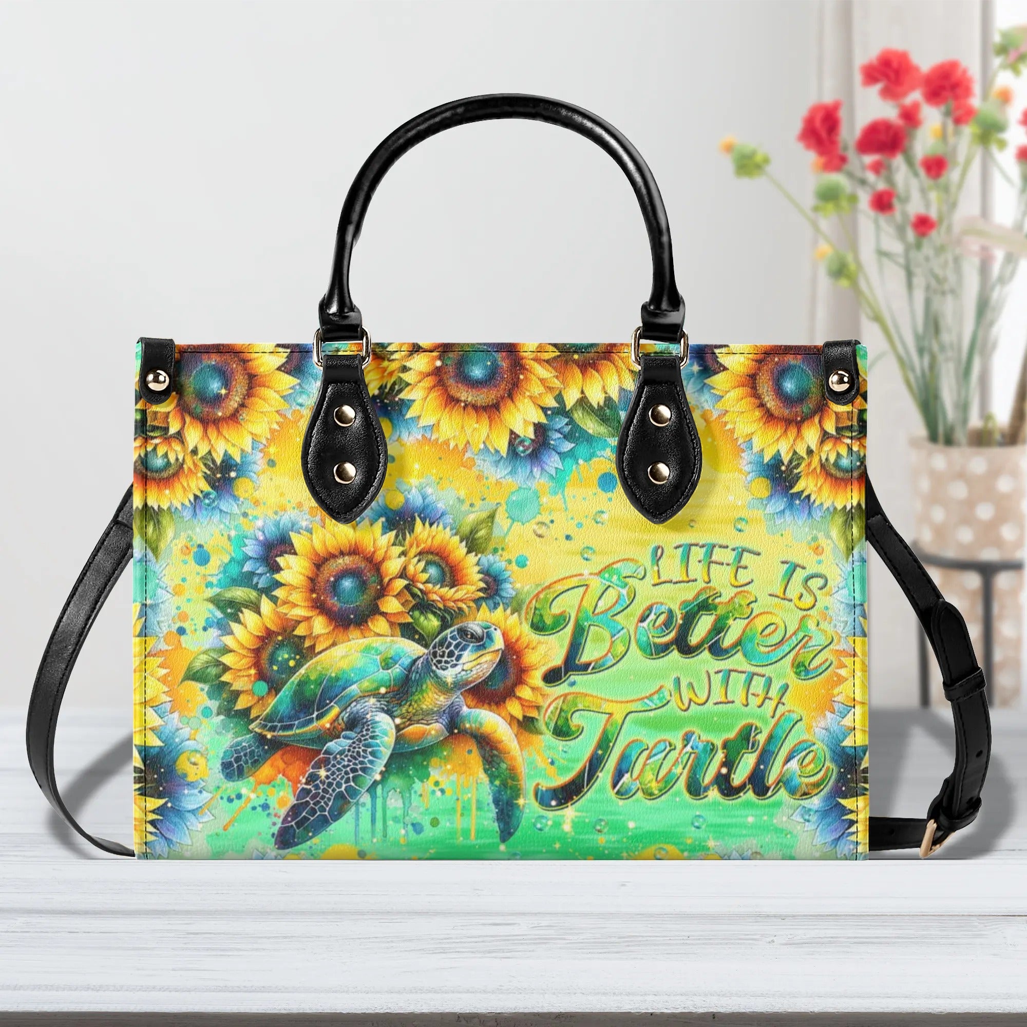 LIFE IS BETTER WITH TURTLE SUNFLOWER LEATHER HANDBAG - TLNT2108244