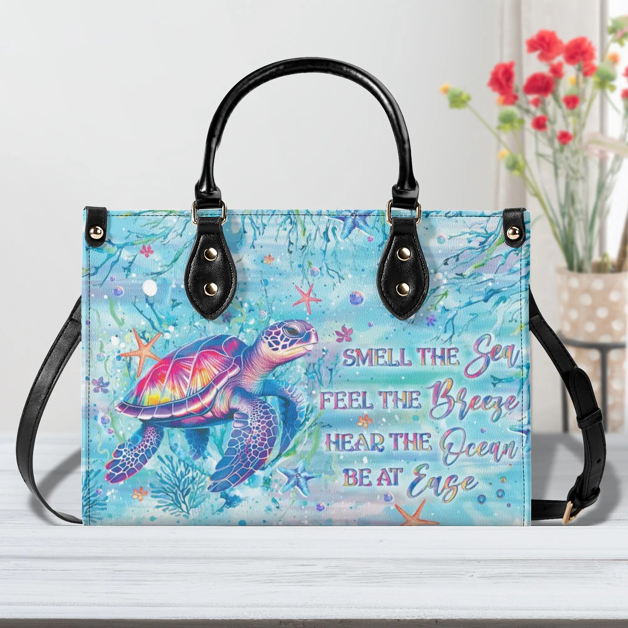 SMELL THE SEA FEEL THE BREEZE TURTLE LEATHER HANDBAG - YHLT0508244