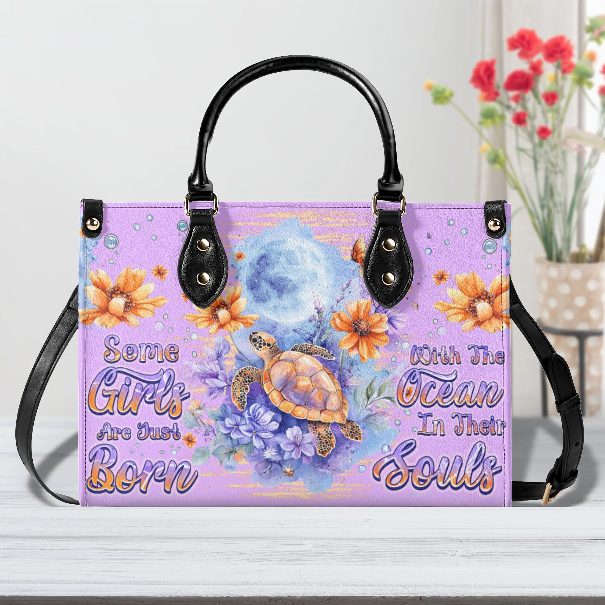 SOME GIRLS ARE JUST BORN TURLTE WATERCOLOR LEATHER HANDBAG - TLNZ1110245