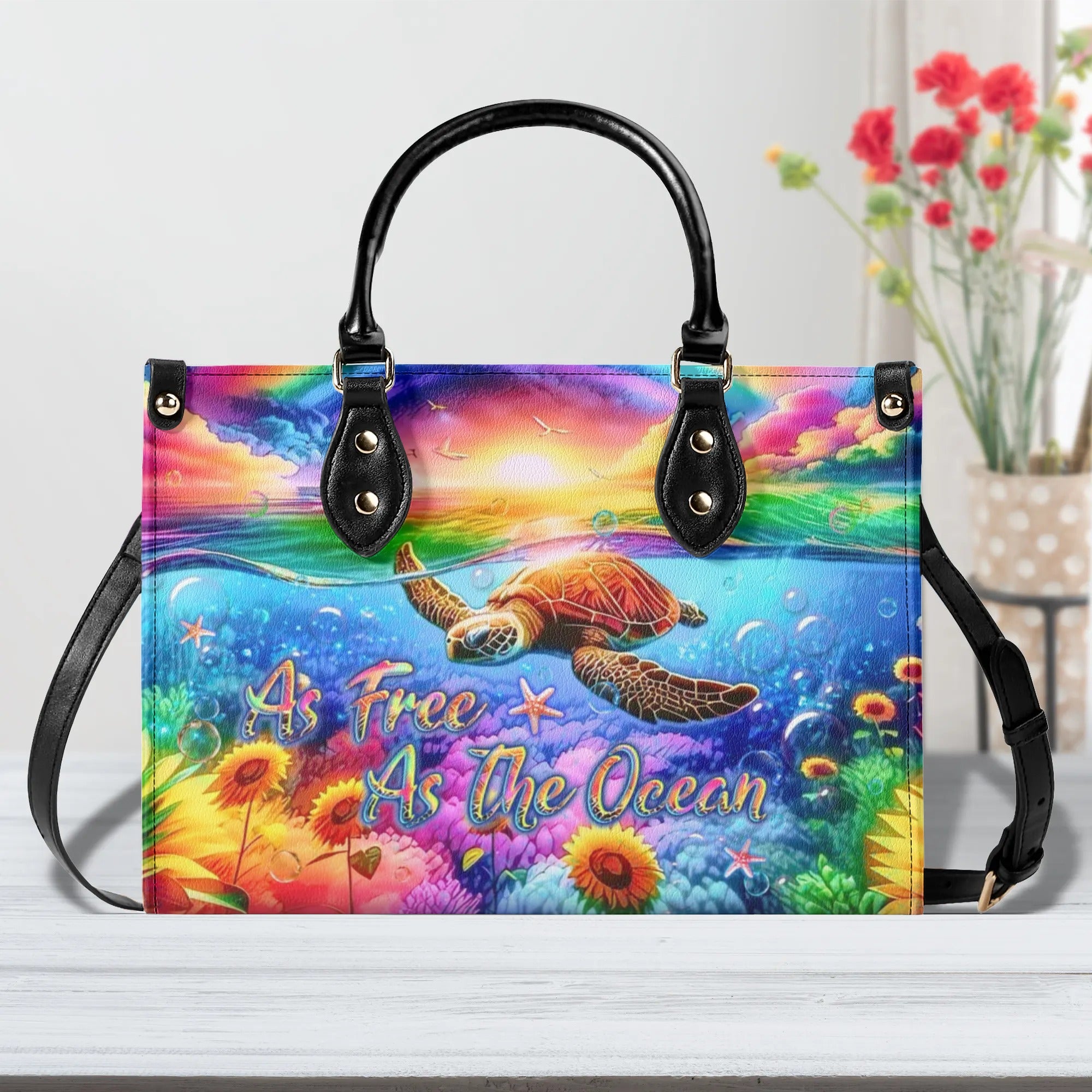 AS FREE AS THE OCEAN TURTLE SUNFLOWERS LEATHER HANDBAG - YHLT1507241