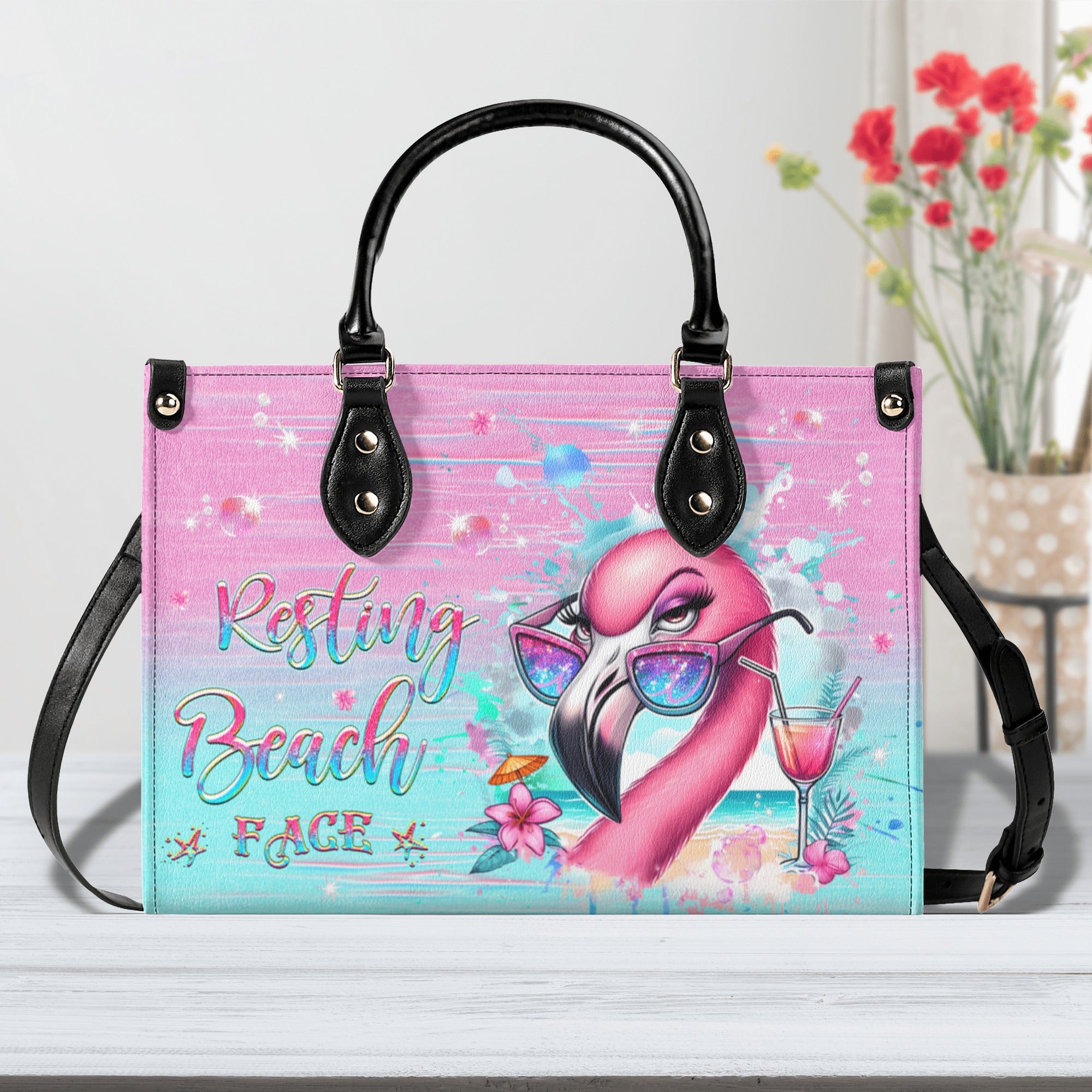 RESTING BEACH FACE FLAMINGO LEATHER HANDBAG - YHHG0312244