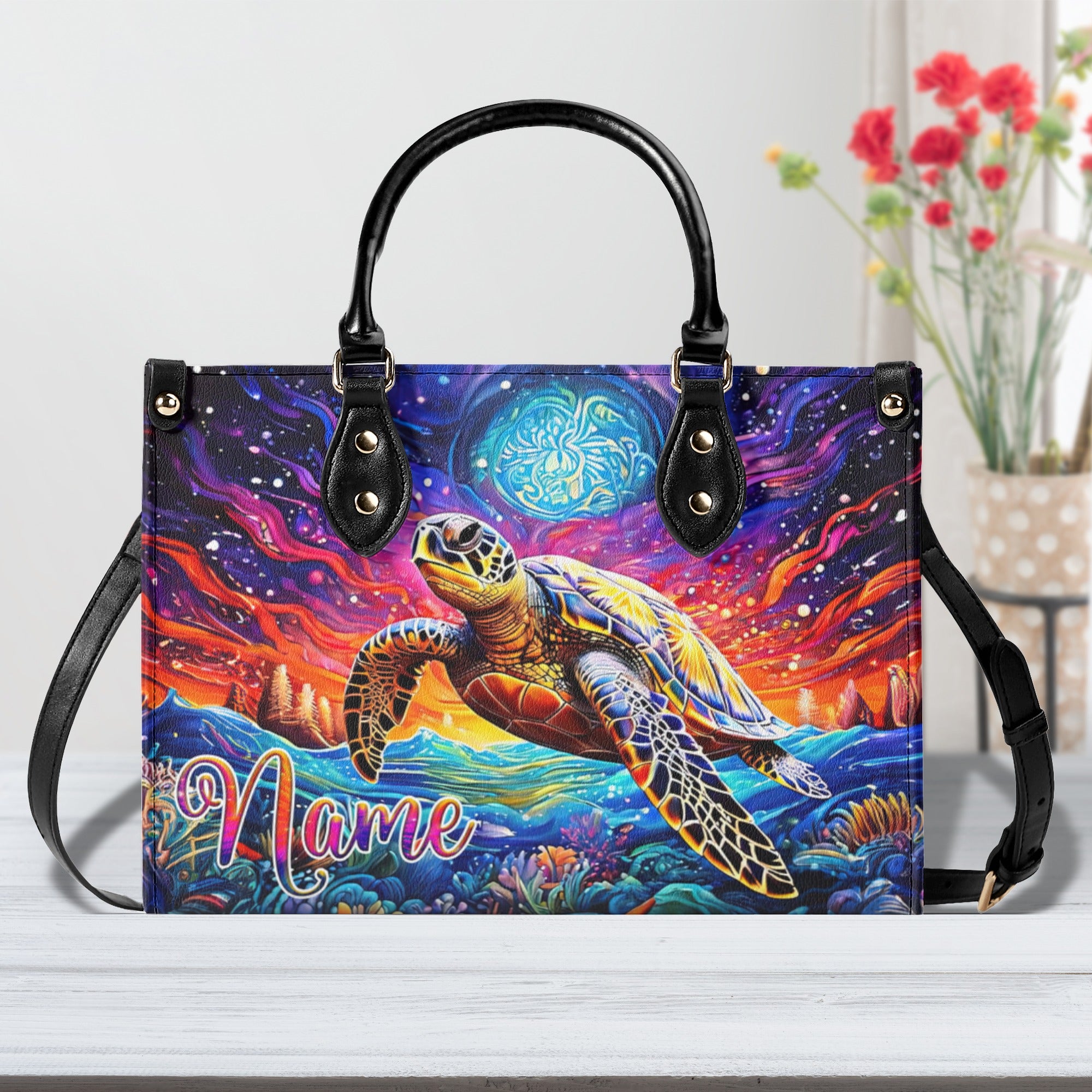 SEA TURTLE ART LEATHER HANDBAG - TLNZ1810245