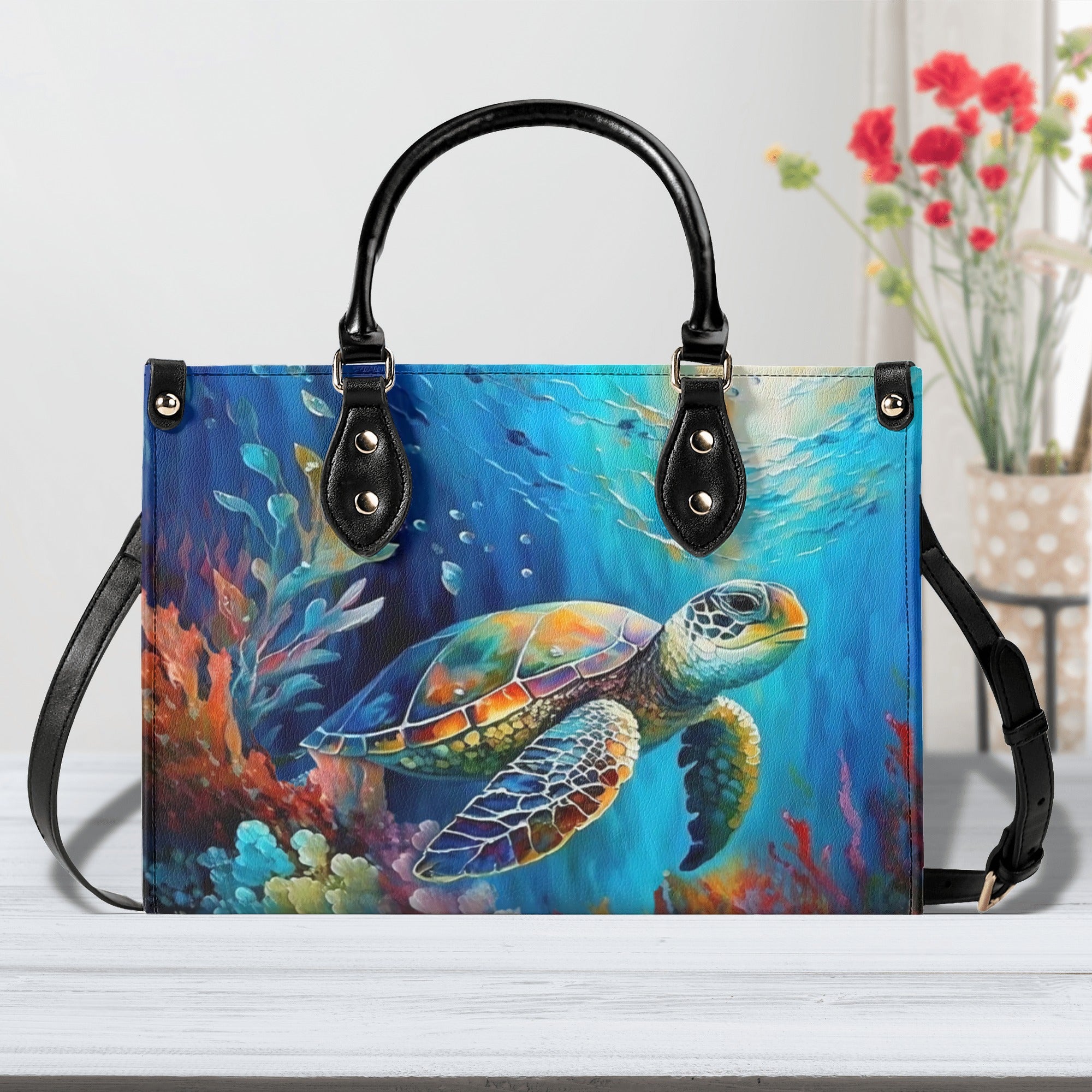 PAINTING OCEAN TURTLE  LEATHER HANDBAG - YHLT2811244