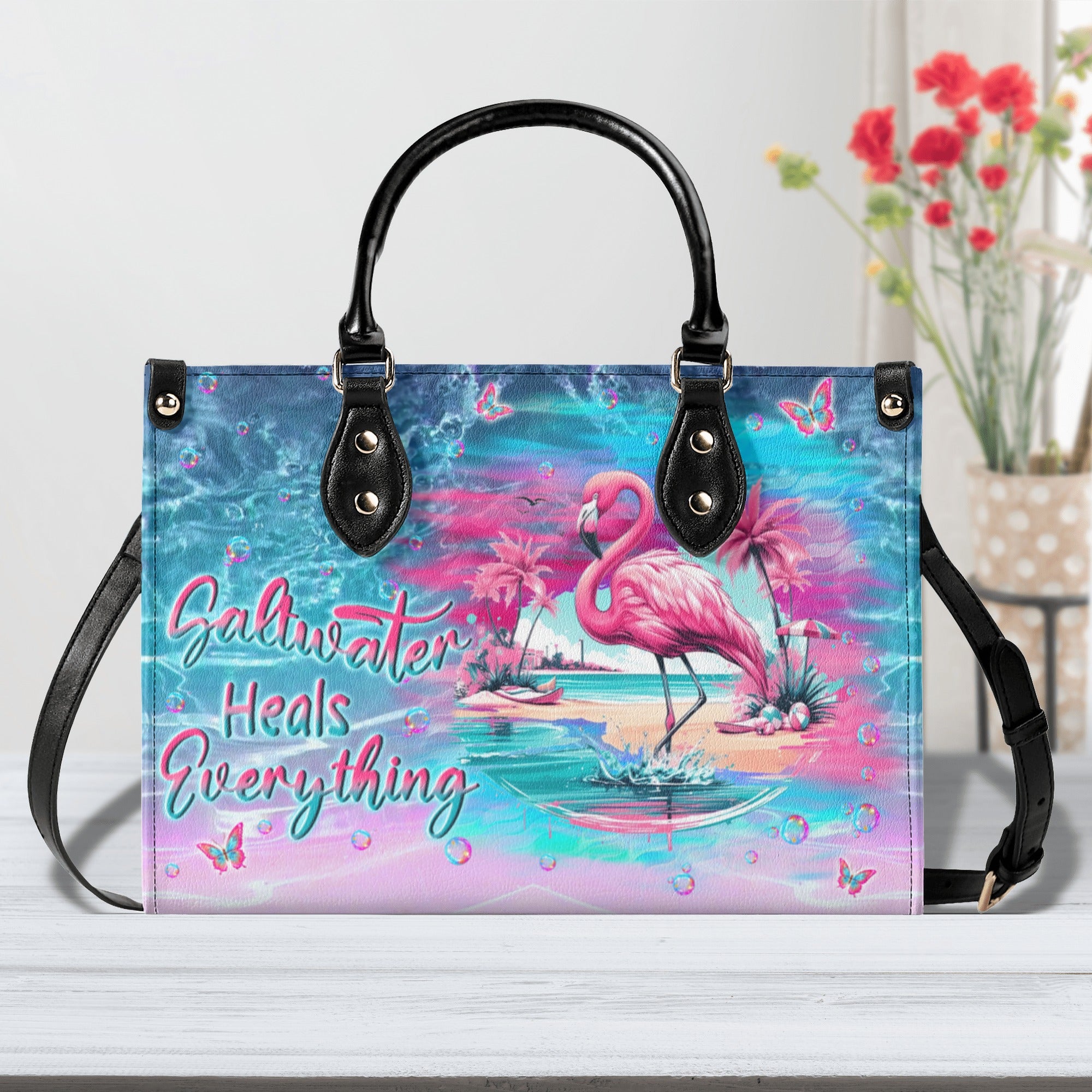 SALTWATER HEALS EVERYTHING FLAMINGO LEATHER HANDBAG - YHLN0212244